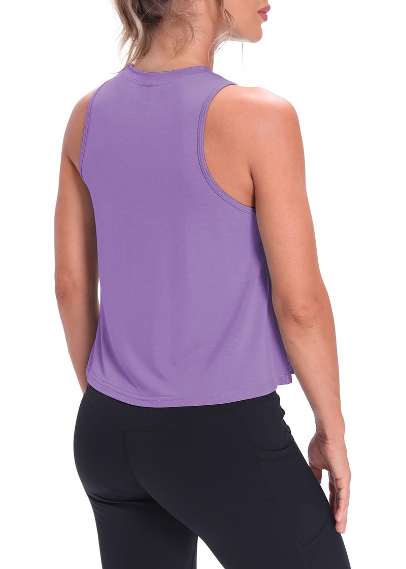 Mippo Cropped Workout Tops for Women Workout Shirts Sleeveless Tank Flowy Loose Crop High Neck Tank Tops Purple M - Image 3